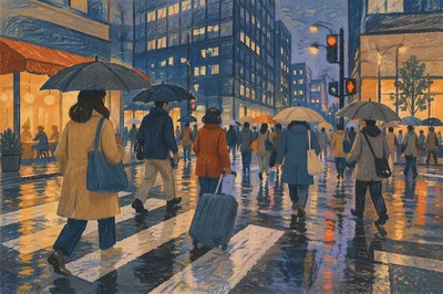 Busy Downtown Crosswalk at Blue Hour
