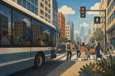 Busy Downtown Crosswalk with City Bus