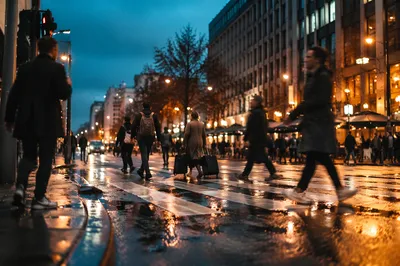 Busy Downtown Crosswalk at Blue Hour