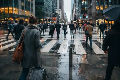 Rainy Downtown Crosswalk Travel Morning Scene