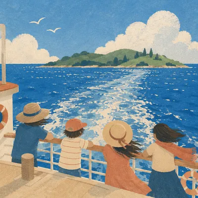 Ferry Crossing Blue Water Toward Island