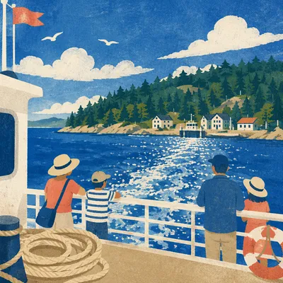 Ferry Crossing Toward a Quiet Green Island