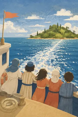 Ferry Crossing Blue Water Toward Island