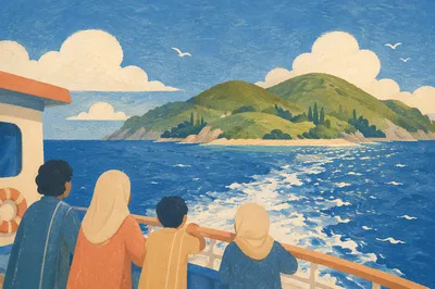 Ferry Crossing Blue Water Toward Green Island
