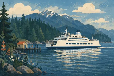 White Ferry Crossing Blue Coastal Waters