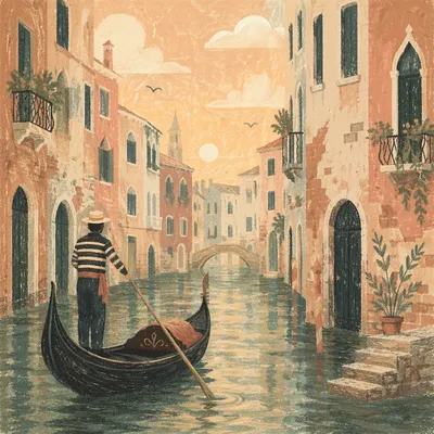 Romantic Gondola Along Venetian Canal