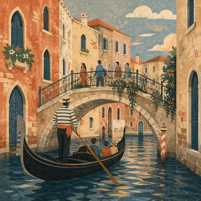 Black Gondola in Venetian Canal at Sunset