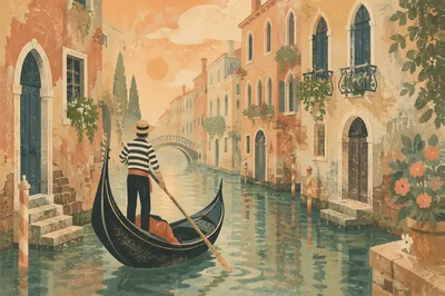 Romantic Gondola on Venetian Canal at Dawn