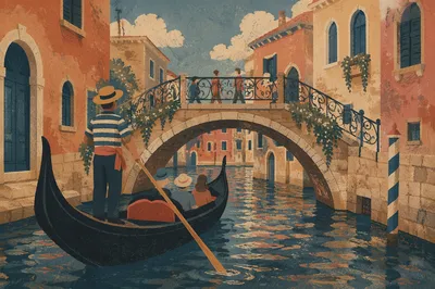 Black Gondola in Venetian Canal at Sunset