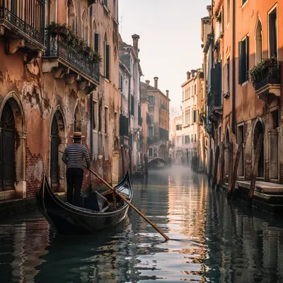 Romantic Venetian Gondola at Sunrise Canal