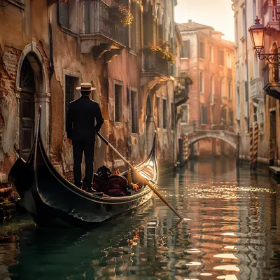 Romantic Gondola Along Venetian Canal