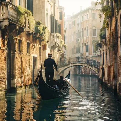 Romantic Gondola on Venetian Canal at Dawn