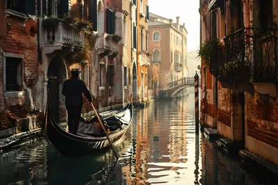Golden Morning Gondola on Venetian Canal
