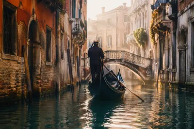 Romantic Gondola on Venetian Canal at Dawn