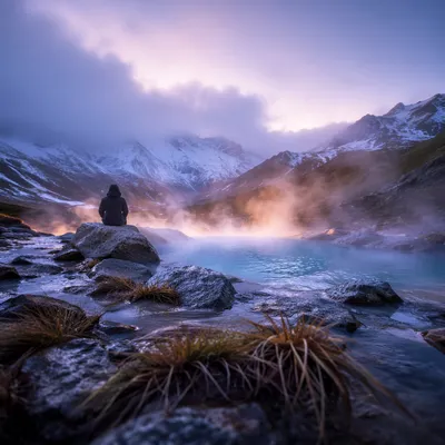Steaming Mountain Hot Spring at Blue Hour