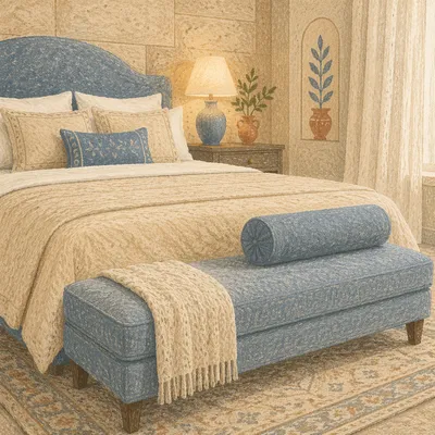 Elegant Luxury Hotel Bed with Blue Bench