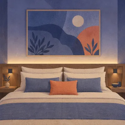 Luxury Hotel Bed in Blue Evening Light