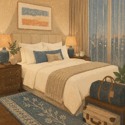 Elegant Luxury Hotel Bed at Blue Hour