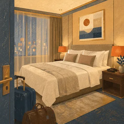 Luxury Hotel Room Bed at Blue Hour