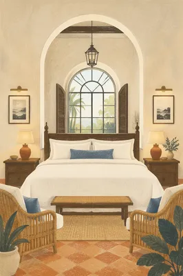 Luxury Boutique Hotel Bedroom with Arched Window