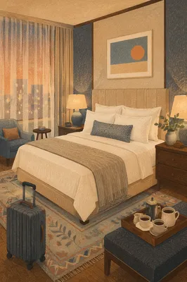 Luxury Hotel Room Bed at Blue Hour