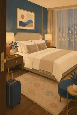 Luxury Hotel Room Bed at Blue Hour