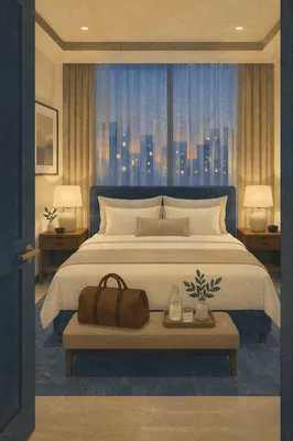 Serene Luxury Hotel Bed at Blue Hour