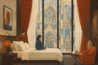 Luxury Hotel Bed with Stained Glass View