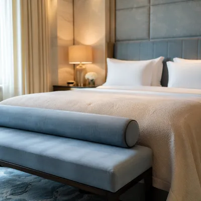 Luxury Hotel Bed with Blue Bench