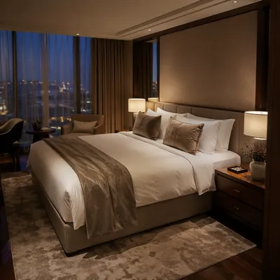 Luxury Hotel Room Bed at Blue Hour