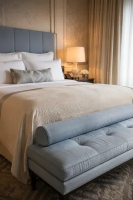 Luxury Hotel Bedroom with Blue Bench