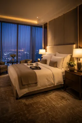Luxury Hotel Room Bed at Blue Hour