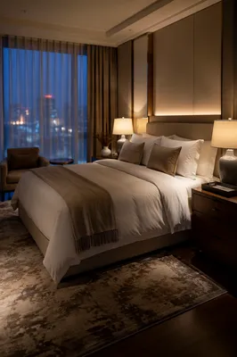 Luxury Hotel Room Bed at Blue Hour