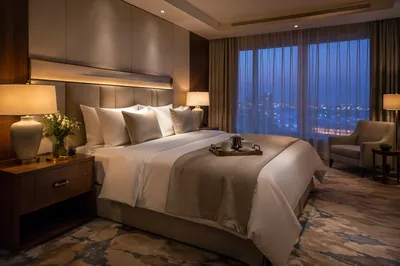 Luxury Hotel Room Bed at Blue Hour