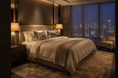 Luxury Hotel Room Bed at Blue Hour