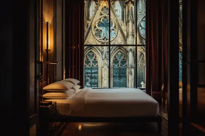 Luxury Boutique Hotel Room with Stained Glass View