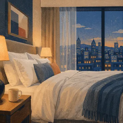 Cozy Hotel Bed by City Window