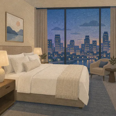 Elegant Hotel Room Bed at Blue Hour