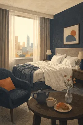Cozy Hotel Bed With Morning City View