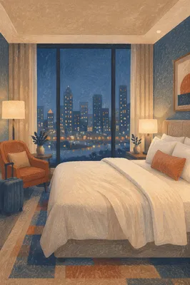 Serene Hotel Room Bed with City View