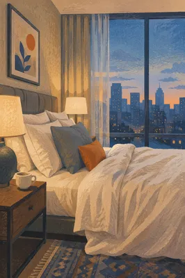 Luxury Hotel Bed by City Window