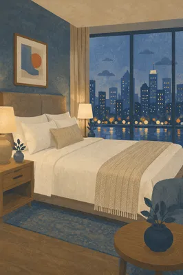 Elegant Hotel Room Bed with City View