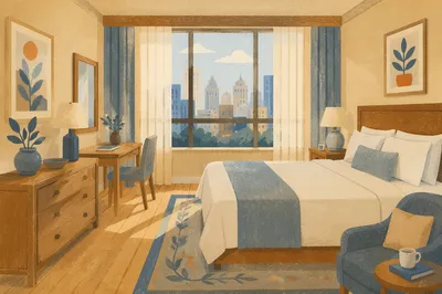 Serene Hotel Room With City Morning View