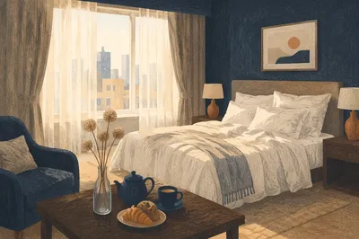 Cozy Hotel Bed with Morning City View