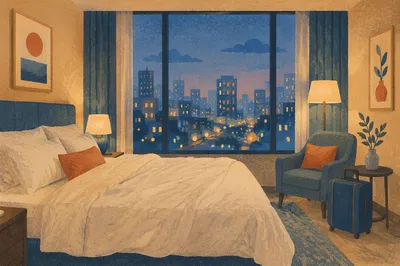Serene Hotel Room Bed at Blue Hour