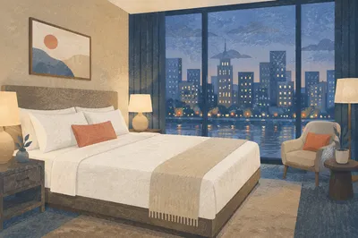 Elegant Hotel Room Bed at Blue Hour