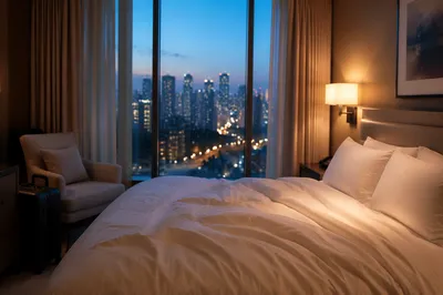 Luxury Hotel Room Bed with City View