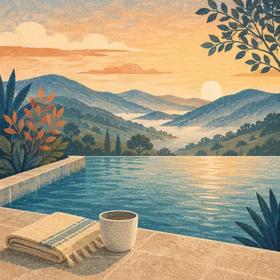 Serene Infinity Pool Over Misty Valley