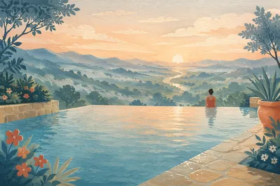 Infinity Pool Sunrise Over Misty Valley