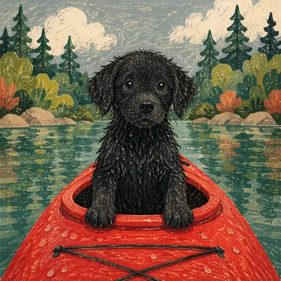 Playful Puppy in Red Kayak